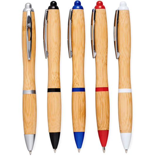 A set of five bamboo ballpoint pens in various colours: silver, black, blue, red, and white, each with a metal clip.