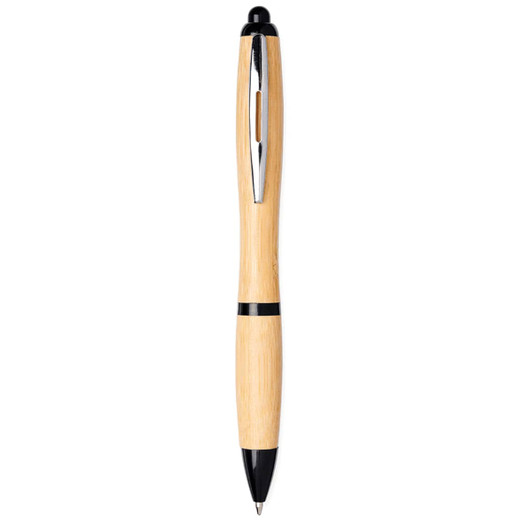 A bamboo ballpoint pen featuring a black trim and a shiny clip, showcasing a natural wood finish.