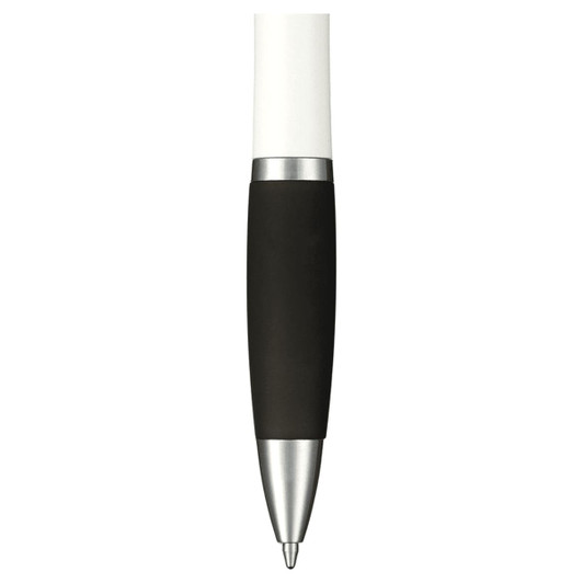 A stylus pen with a black rubber grip and a silver tip, featuring a white upper section and a logo.