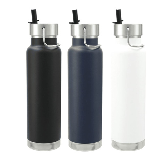 A drink bottle set featuring black, navy, and white copper vacuum insulated bottles with straw lids and metal accents.