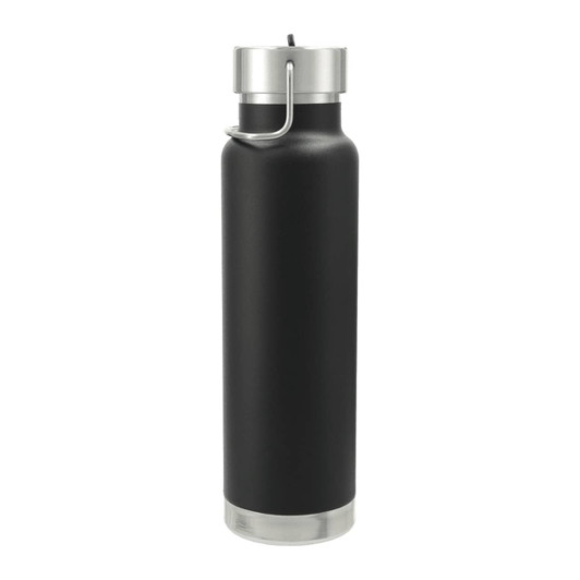 A drink bottle featuring a sleek black design with a metal straw lid and a silver finish at the base.