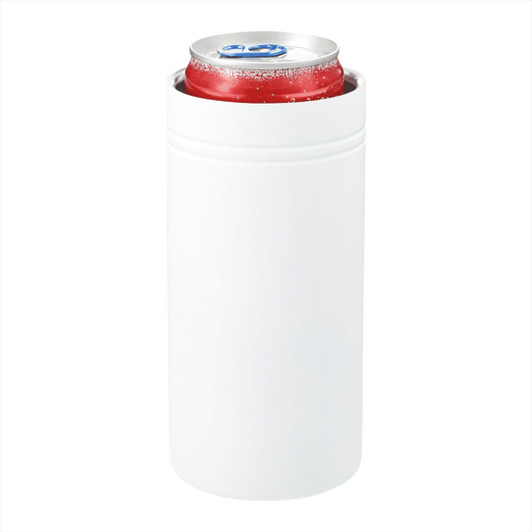 A drink bottle in white, designed to fit a slim can, featuring a logo. Ideal for keeping beverages insulated.