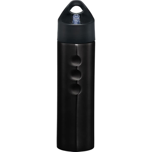 A drink bottle in black stainless steel, featuring a black lid with a built-in handle and a logo.