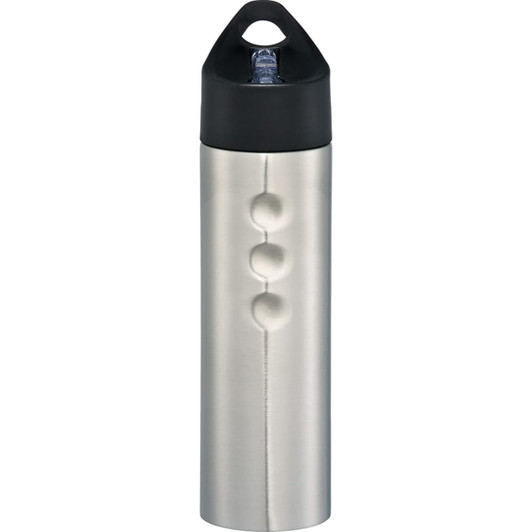 A drink bottle in stainless steel with a black lid, featuring a logo and a unique textured design.