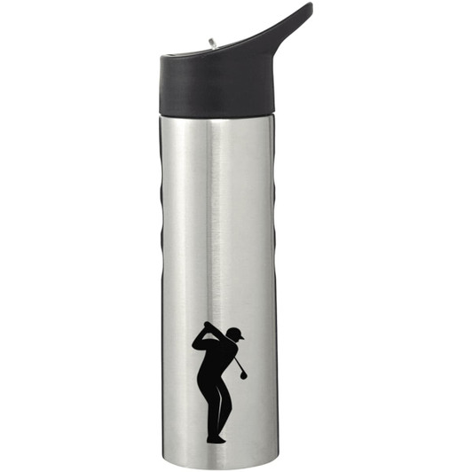 A stainless steel drink bottle in silver with a black lid and a logo featuring a golfer.
