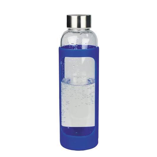 A drink bottle with a transparent glass body and a blue silicone cover, featuring a stainless steel lid.