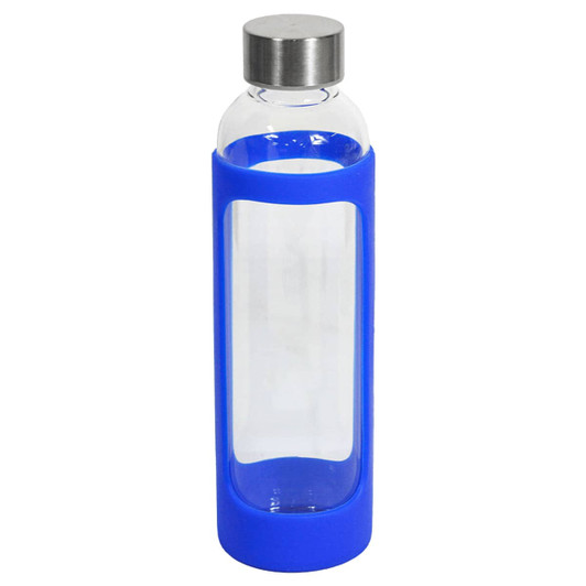 A drink bottle featuring a clear glass design with a blue silicone cover and a stainless steel lid.