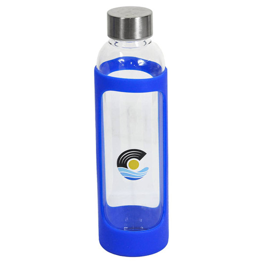 A drink bottle with a transparent glass body and a blue silicone cover, featuring a logo on the front.