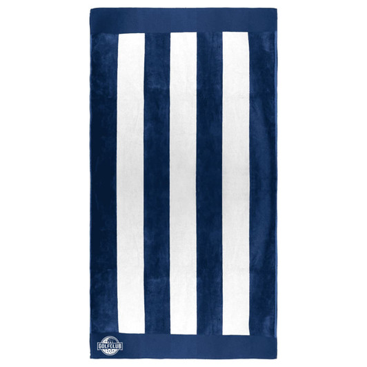 A navy blue and white striped beach towel featuring a logo at the bottom. Soft texture suitable for leisure use.