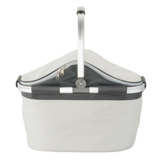 A grey picnic carry bag with a sturdy handle and a zippered compartment, featuring a logo on the front.
