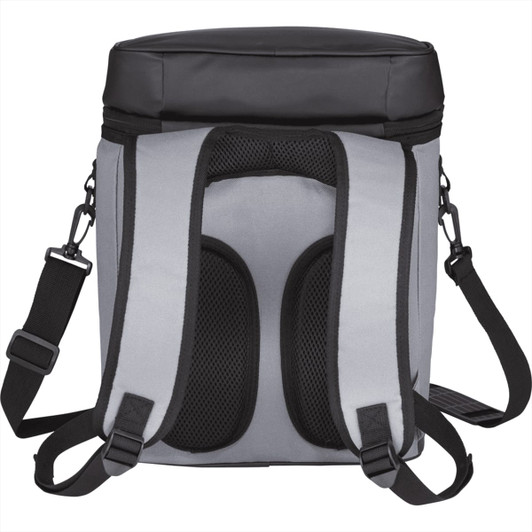 A grey backpack cooler with black accents and adjustable straps, featuring a textured back panel for comfort.