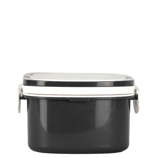 A black plastic and wheat straw lunch box with a secure lid and side clasps. Features a simple design.
