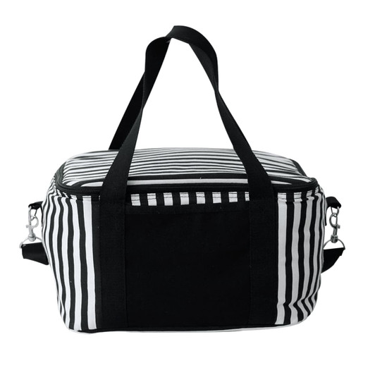 A striped cotton canvas cooler bag in black and white, featuring sturdy handles and an exterior pocket.