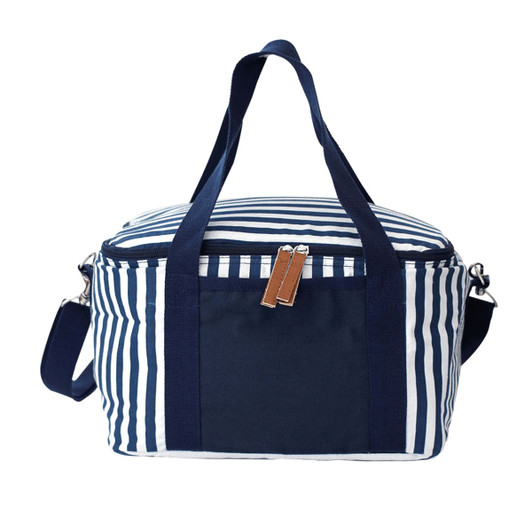 A striped cotton canvas cooler bag featuring navy and white stripes, with sturdy handles and a removable shoulder strap.