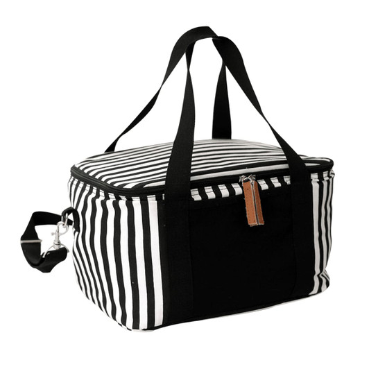 Striped black and white cooler bag with carry handles and an adjustable strap. Features a zip closure and a front pocket.