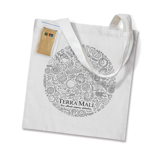 A white tote bag featuring a detailed black line drawing design and a small colour palette attached.