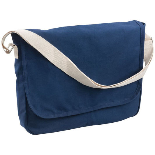 Canvas shoulder bag in navy blue with a cream strap and a flap closure. Includes a logo on the front.