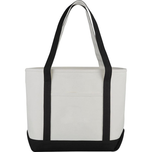 A premium heavy weight cotton boat tote in cream and black, featuring sturdy handles and a simple design.