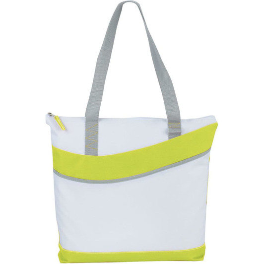 A zippered tote bag in white with bright yellow accents and grey handles, featuring a sleek design and logo.