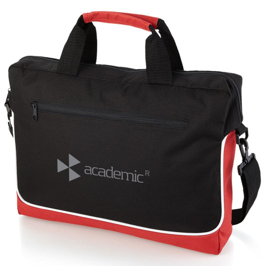 A black and red laptop bag with a zippered front pocket and a shoulder strap, featuring a logo.