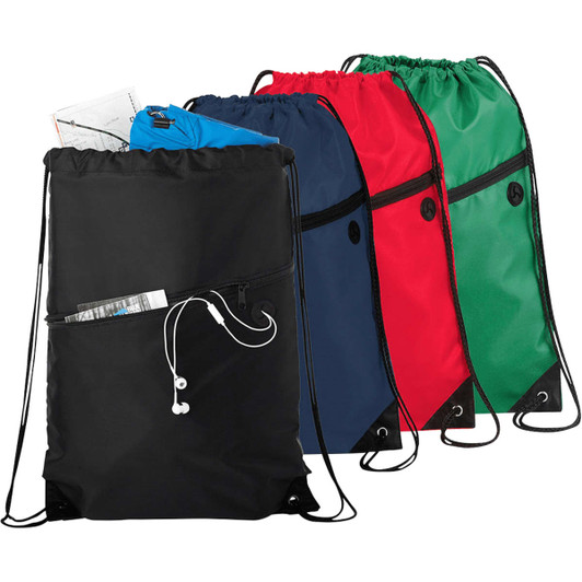 Four drawstring bags in black, navy, red, and green, featuring a front zip pocket and a logo.
