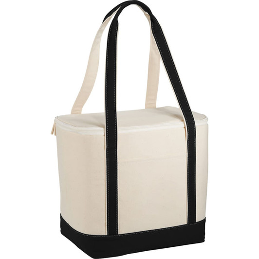 A cotton cooler bag in cream and black, featuring sturdy straps and a zip closure. It has a branding logo.