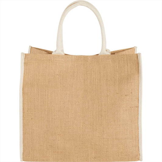 A large jute tote bag in natural brown with white handles, featuring a logo on one side.