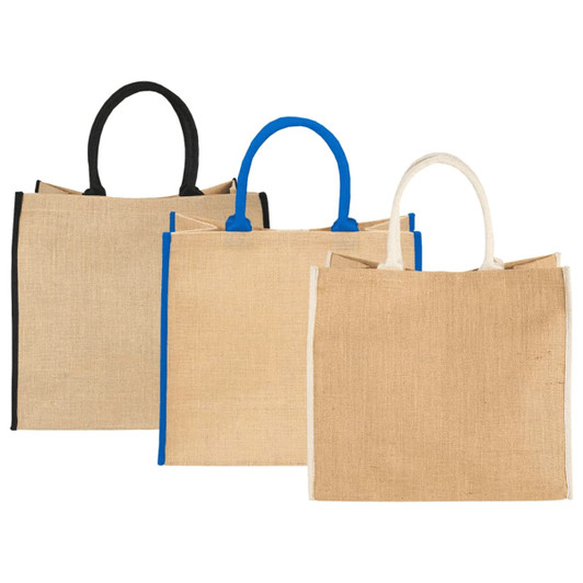 Three large jute tote bags in natural hues, featuring black, blue, and cream handles. Each bag has a logo.