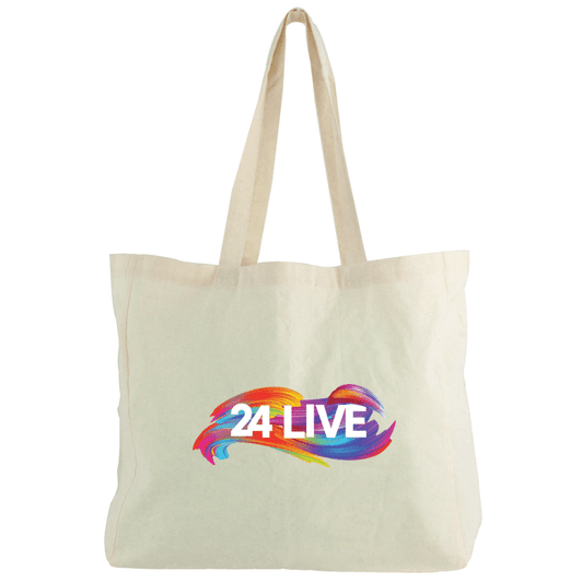 A natural cotton tote bag in cream with a colourful logo design on the front.