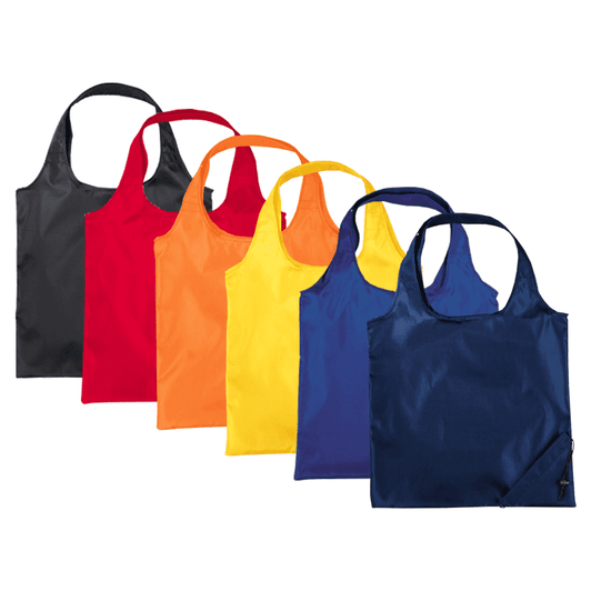 A collection of foldable tote bags in black, red, yellow, orange, purple, and navy blue, each with a logo.