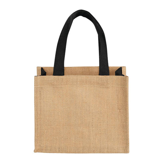 A mini jute tote bag in natural brown with black handles, featuring a simple design and a logo.