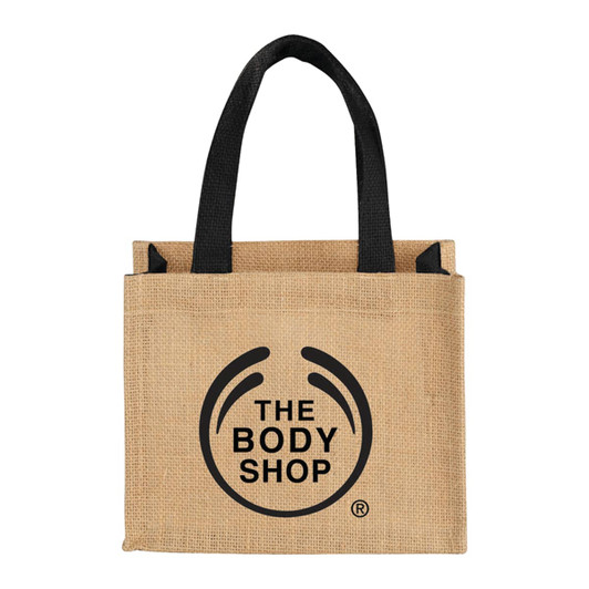 A small brown jute tote bag with black handles and a prominent logo. Ideal for carrying small items.