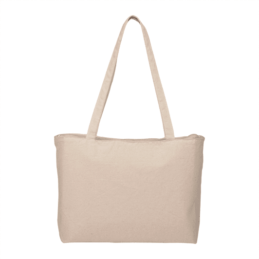 A beige zippered cotton canvas shopper tote with two shoulder straps and a simple design. Features a logo.