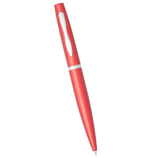 A red metal twist action pen with a sleek design and a logo on the surface.