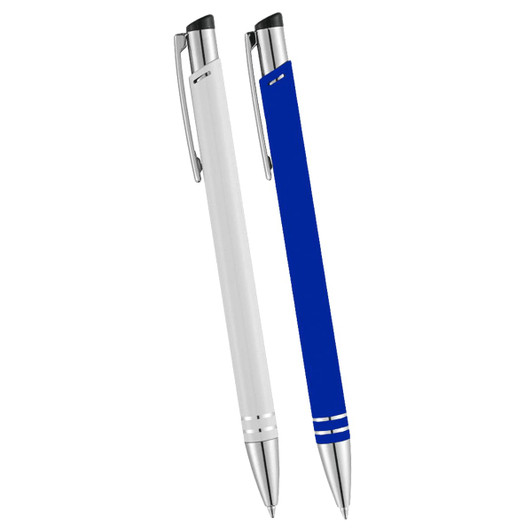 A pair of ballpoint pens with a white pen and a blue pen, both featuring silver accents and a branding logo.