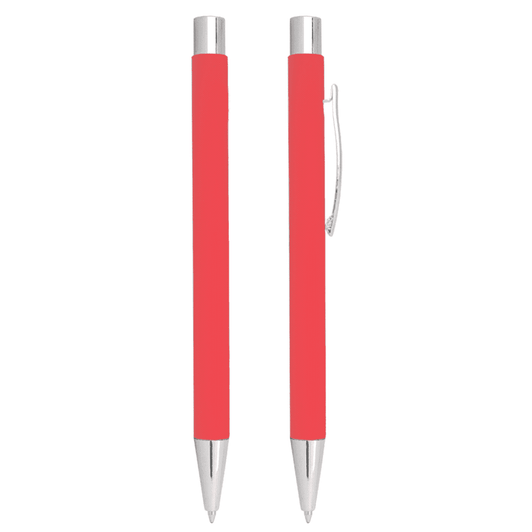 A red metal ballpoint pen featuring a sleek design and a metallic clip. The pen has a branding logo.