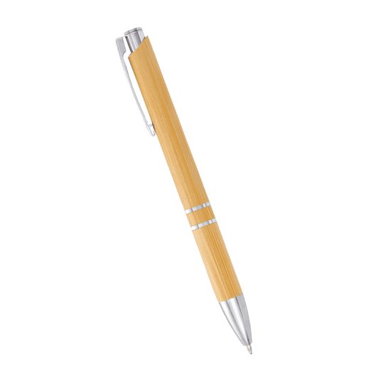 A bamboo ballpoint pen with silver accents and a metallic clip, featuring a sleek, minimalist design.