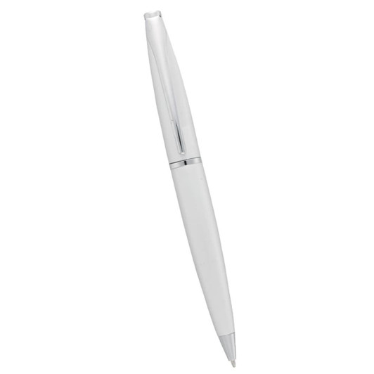 A sleek white metal pen with a chrome clip and detailing, featuring a twist action mechanism.