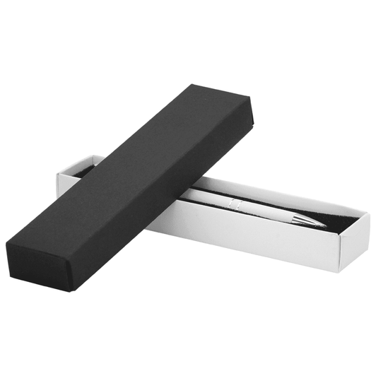 A sleek black and white single pen box, open to reveal a silver pen inside. Includes branding on the box.