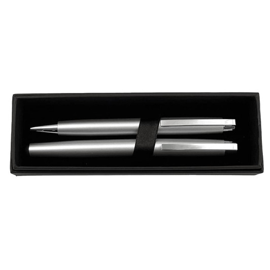 A black cardboard box containing two silver pens secured with a black holder.