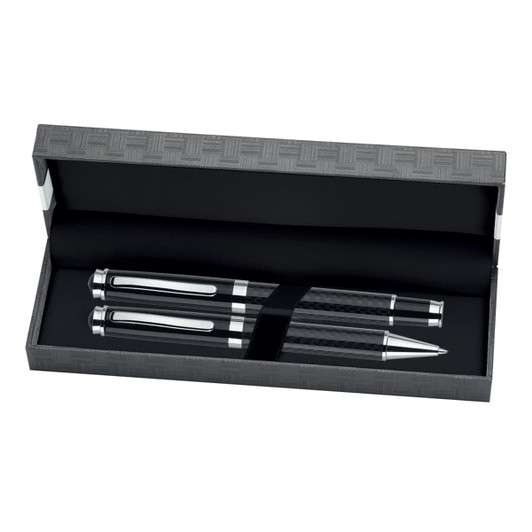 A sleek black pen box containing a matching rollerball and ballpoint pen, with a textured exterior and a soft interior.