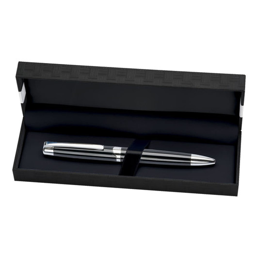 A pen with a sleek silver finish inside a black pen box, featuring an interior lining and a branding logo.