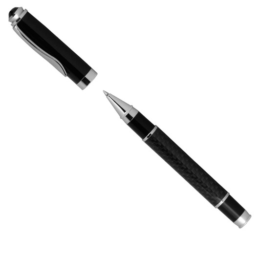 A black rollerball pen with a carbon fibre barrel and silver accents, featuring a clip and a cap.
