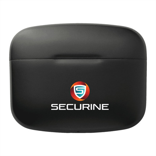 A black earbuds charging case with a logo on the front, designed for True Wireless Auto Pair Earbuds.