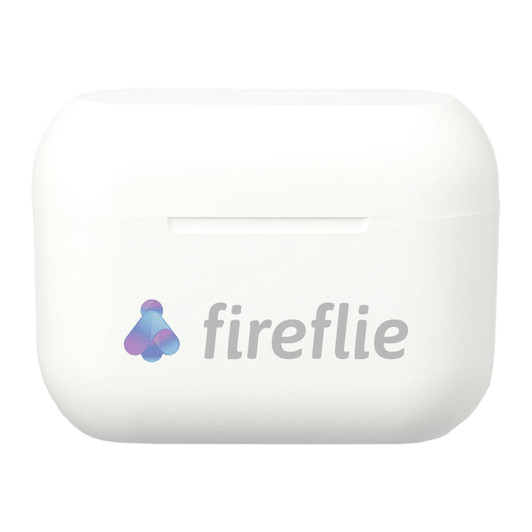 A white charging case with a logo, designed for true wireless earbuds.