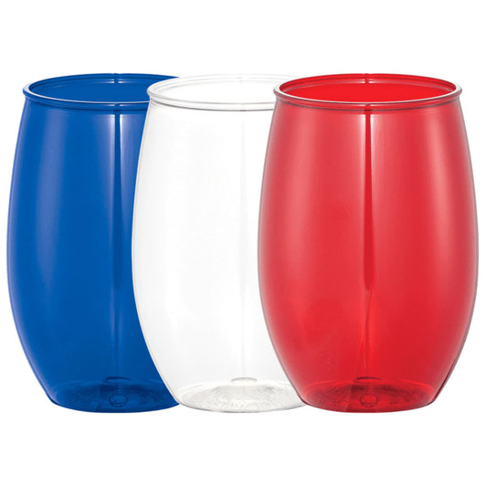 A set of three stemless wine cups in red, white, and blue, featuring a smooth, plastic design.