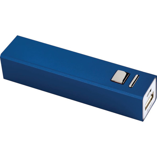 A blue powerbank with a metallic button and USB port, featuring a logo on one side.