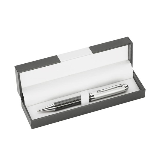 A sleek silver pen housed in a grey rectangular box with a white interior. The box features a logo.