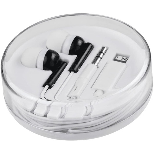 A circular container holding white wired earbuds with multiple tips, a connector, and a small accessory.