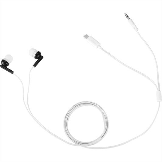 Wired earbuds with multi-tips in black and white, featuring a connected white cable and a plug.